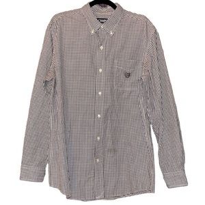 3/$18 CHAPS | Brown and White Checkered Button Down Long Sleeve Dress Shirt